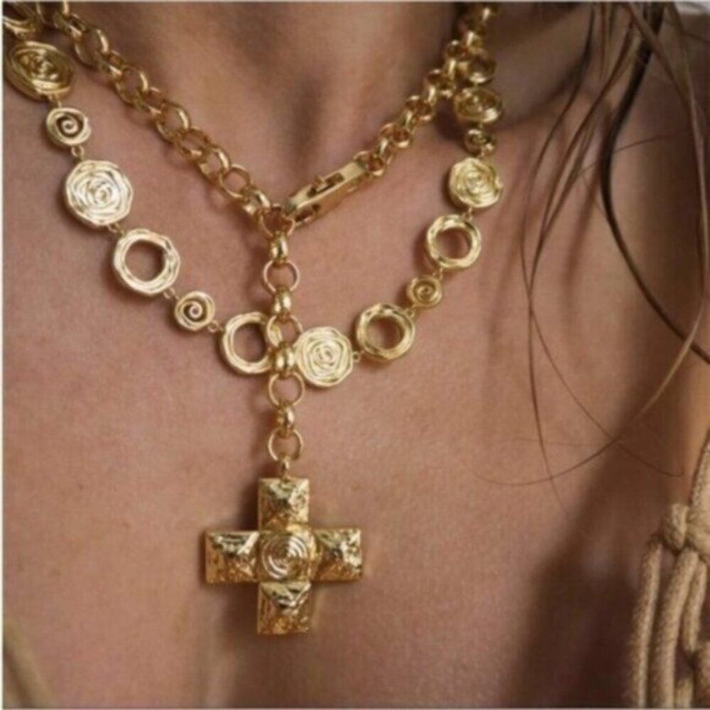 Vintage Inspired Punk Swirl Cross Pendant Chain Gold Necklace